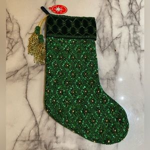Collectible Christopher Radko Green Beaded Holiday Stocking